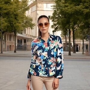 Women Shirt Lauren Ralph Lauren Floral Cotton Top Cropped Sleeve Button-Up Shirt